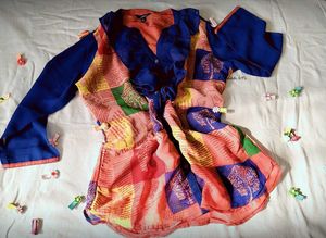 V-neck Frill Top With Mix Print