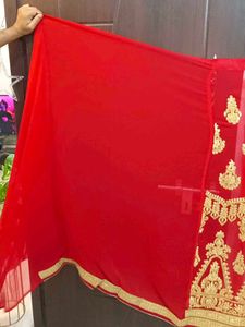 Red &amp; Gold Embroidered Lehenga Saree