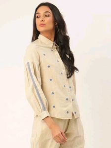 ROOTED Women Off-White Embroidered Shirt Style Top