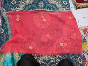 Teal &amp; Coral Embellished Lehenga Set