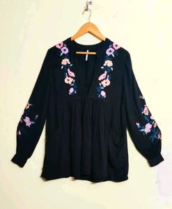 Black Embroidered Cotton Top Size-38