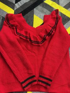 Red Ruffle Trim Knit Sweater