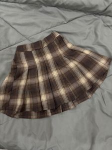Brown Plaid Pleated Mini Skirt