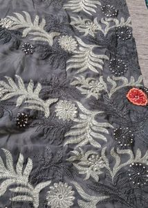 Pink And Grey Embroidered Saree(  Without Blouse P