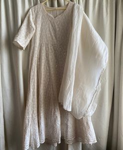 White Chikankari Anarkali Set With Dupatta