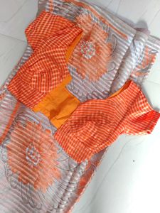 Orange & Grey Floral Saree