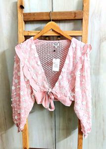Pink Floral Lace Tie-Front Top Size-32