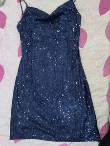 Navy Blue Sequined Shoulder Strap Mini Dress