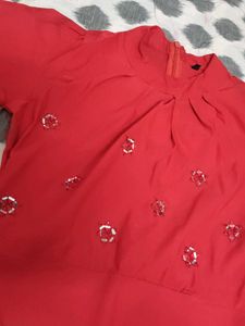 Red Embellished Tie-Waist Top