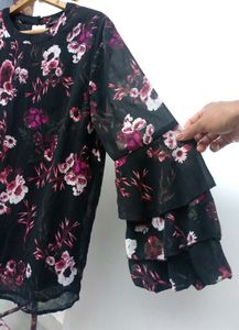 Red Tape Black Ruffle Sleeve Floral Top