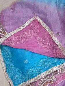 Rich Maggam Stone Work Chunni In Pink &amp; Sky Blue