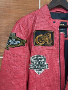 Red Perforated Leather Biker Jacket