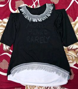 Size M Black And White Cold Shoulder Fringe Top