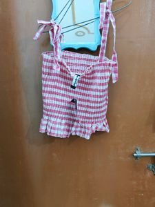 Pink Gingham Tie Strap Smocked Top