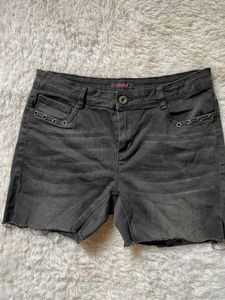 Dark Wash Denim Shorts with Grommet Detail