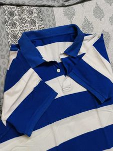 Men Blue White Striped Cotton Tshirt