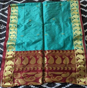 Sea Green Saree With Contrast Pallu