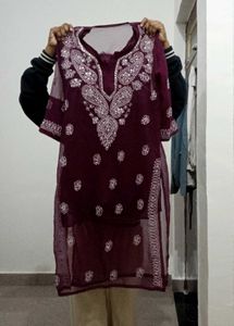 Wine Embroidered Kurta