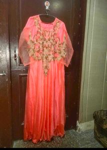 Women Embroidary Party Wear Neon Orange Gown