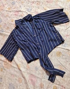 Navy Blue-white Strip Tie-up T-shirt