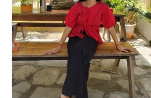 Pinteresty Red Puff Sleeve Tie-Front Top