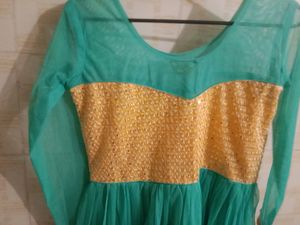 Elegant Teal &amp; Gold Anarkali Dress