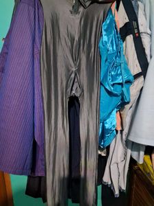 Zipper Crotch &amp; Neck Shinny Metallic Jumpsuit