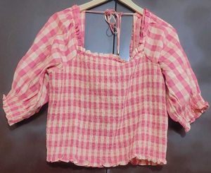 Pink Check Printed Crop Top For 34 Bust
