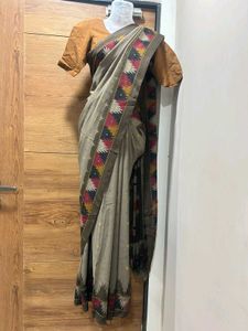 🩶Smoky Grey Ikat Border silk Saree🩶