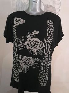 Womens Black Shiny Floral Tshirt Size38 Unused Go