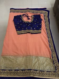 Peach & Blue Saree with Blouse