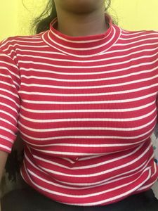Red &amp; White Striped Mock Neck Top