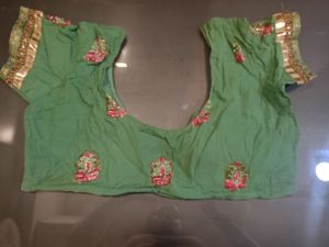 Bottle Green with pink Patch Work Saree+blouse