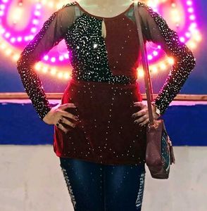Party Wear Red Black Long Top