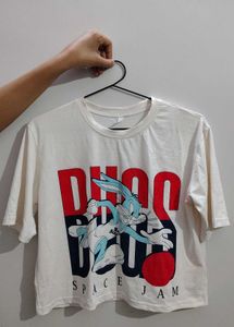 White Crop Printed Tshirt