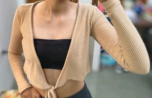 Beige Ribbed Wrap Crop Top with Long Sleeves