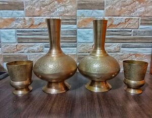 Vintage Brass Pitcher and Glass Set