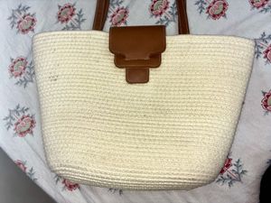Woven Straw Tote Bag with Leather Accents