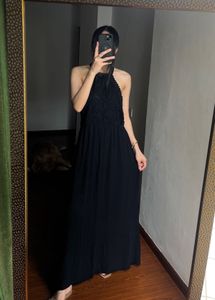 Black Crochet Halter Midi Dress