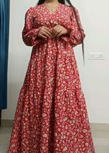 Women Red Crepe V-Neck Floral Print Maxi Dress