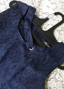 Navy Blue Textured Fit &amp; Flare Dress