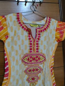 Cream Yellow  Embroidered Kurti
