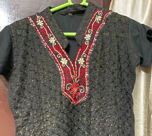 Black Cotton Embroided Short Kurti In XXS size