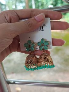 Ethnic Teal Jhumka Earrings with Floral Design