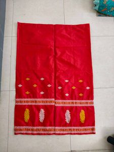Red &amp; White Assamese Mekhala Chador(Without Blouse