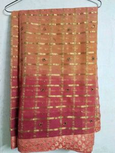 Orange &amp; Gold Checkered Saree