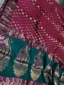Banarasi Organza Saree With Running Blouse,. Pink Body,,, Green Pallu,, And Purple Border