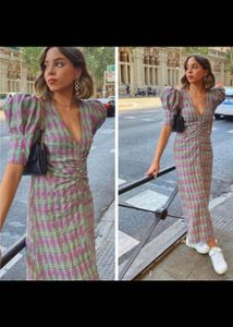 Zara Branded Plaid Puff Sleeve Midi Dress