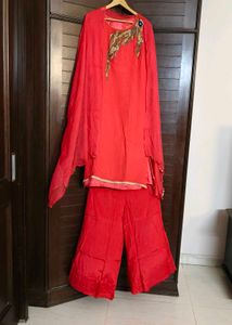 Women Red Georgette Beads Straight Palazzo Suit