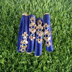 A Set Of 4 Royal blue Silk Thread kundan Bangles